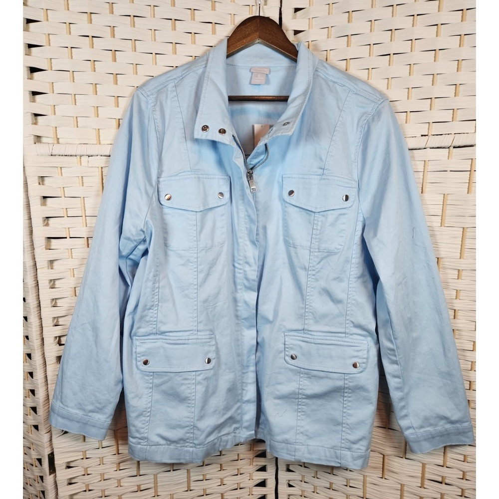 Chicos Womens Sz 3 Utility Jacket Light Blue Front Zip